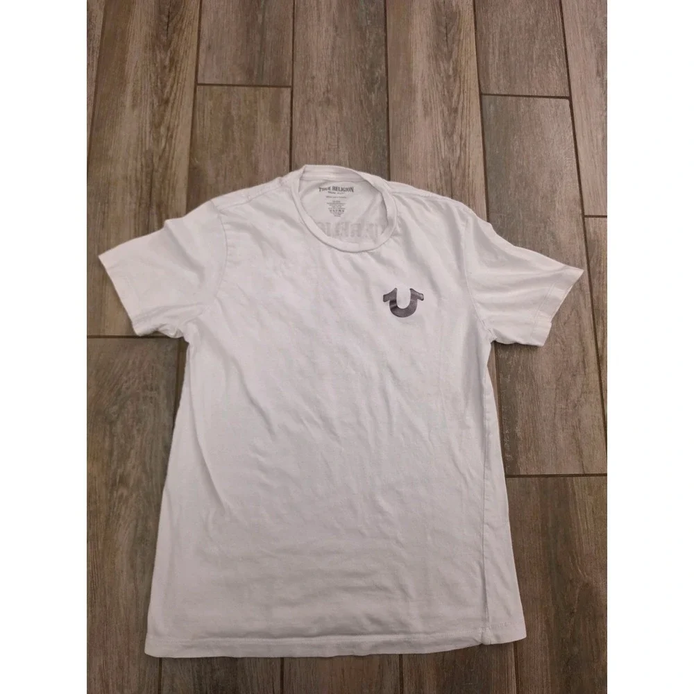 True Religion Mens White Buddha Graphic T-Shirt Medium Metallic Horseshoe Logo